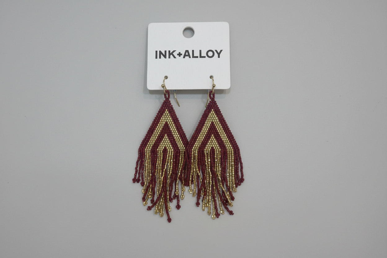 Haley Game Day Stacked Triangle Beaded Fringe Earring Dark Red and Gold