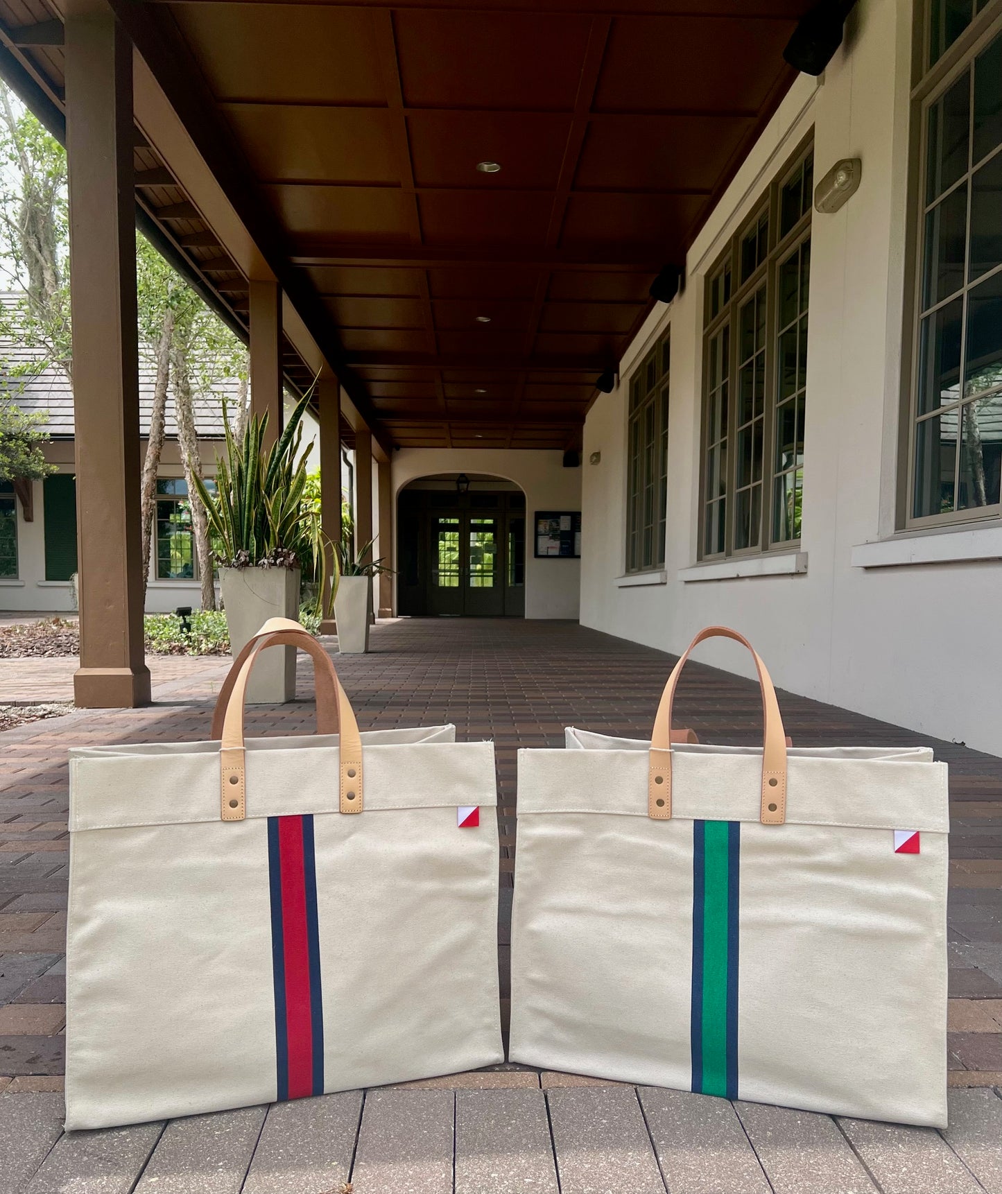 Striped Heavy Canvas Tote Bag with Leather Handles