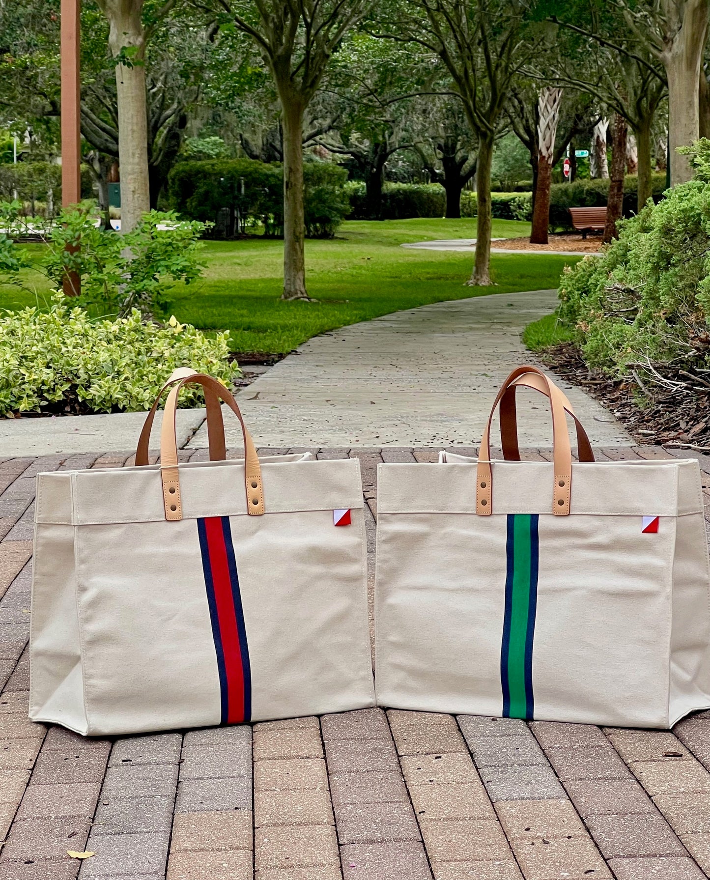 Striped Heavy Canvas Tote Bag with Leather Handles