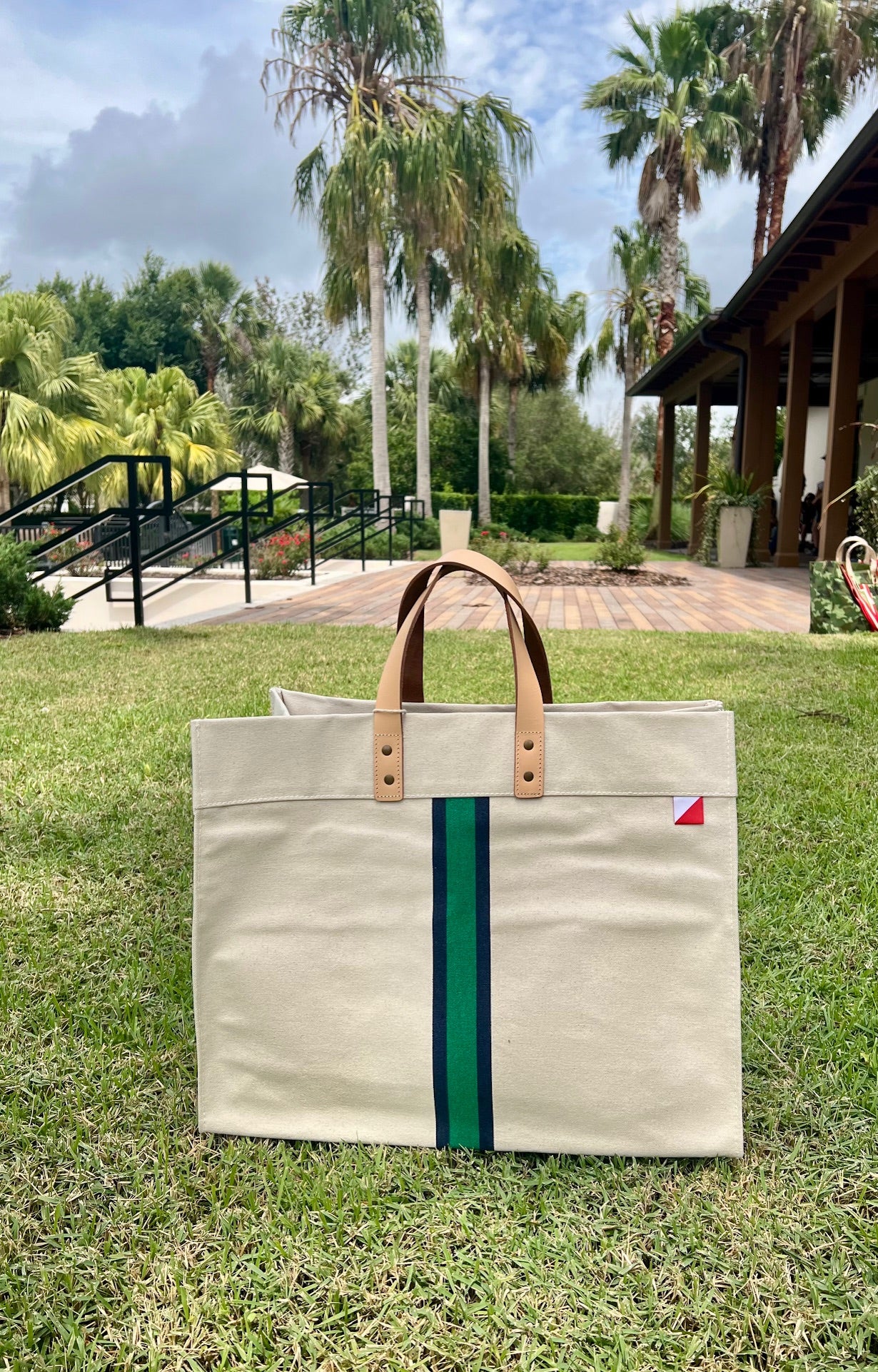 Striped Heavy Canvas Tote Bag with Leather Handles