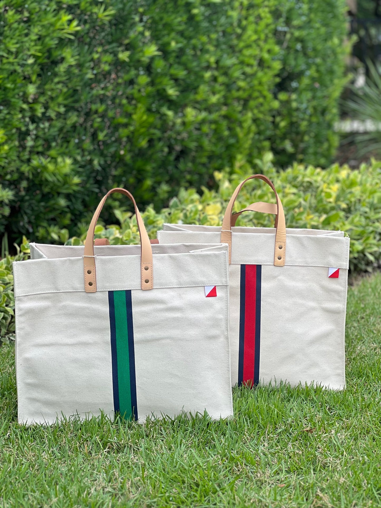 Striped Heavy Canvas Tote Bag with Leather Handles