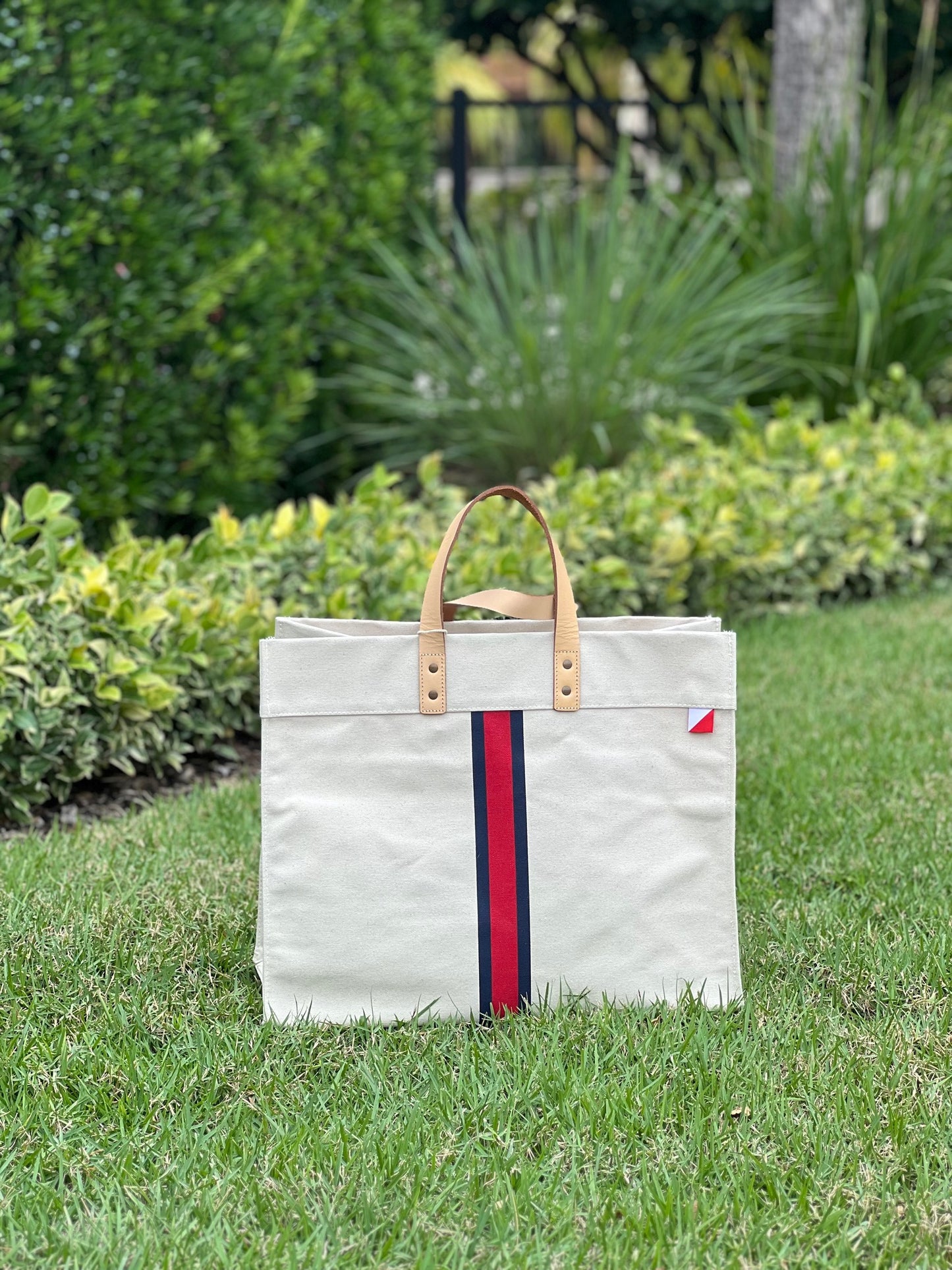 Striped Heavy Canvas Tote Bag with Leather Handles