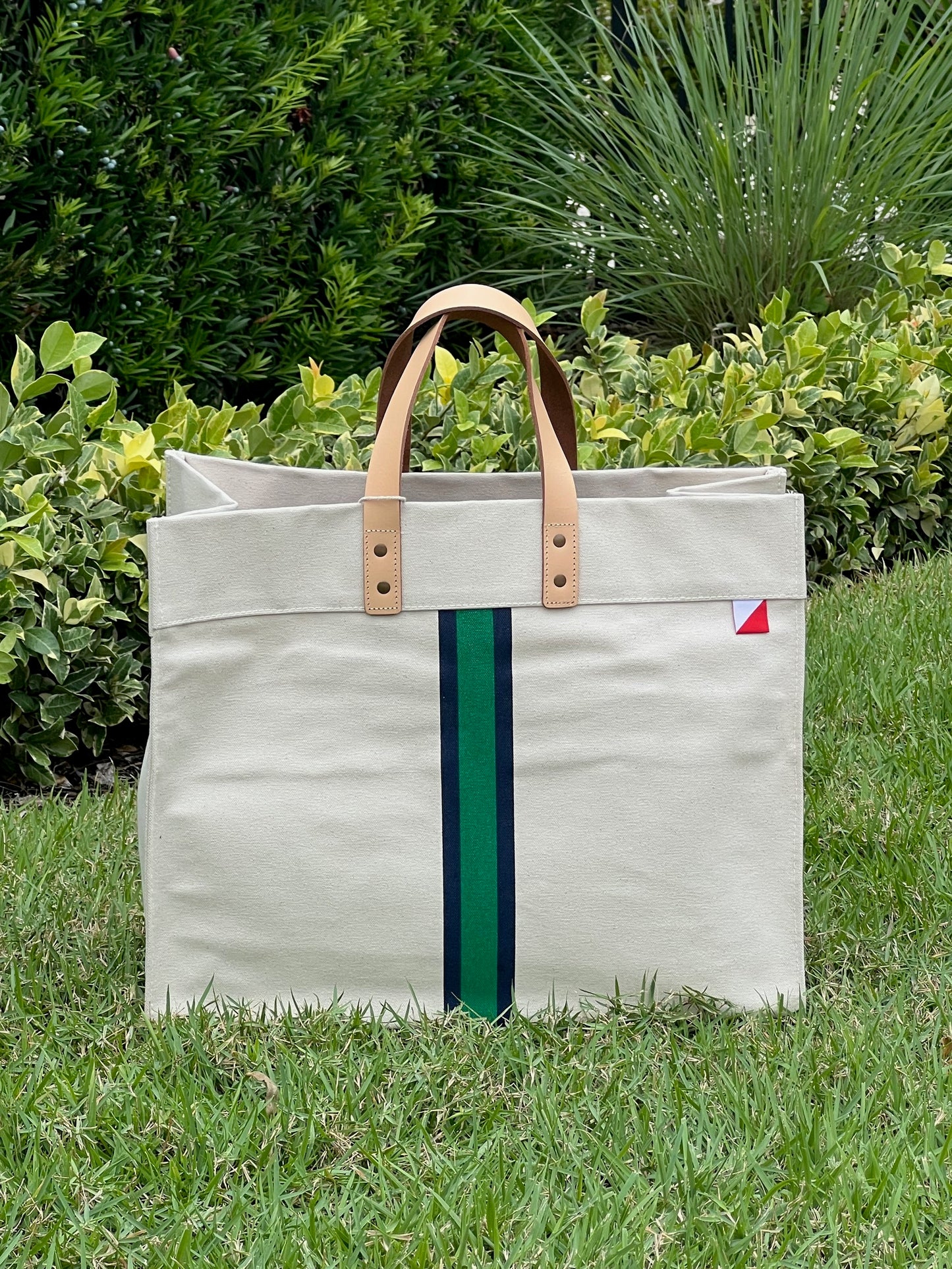 Striped Heavy Canvas Tote Bag with Leather Handles