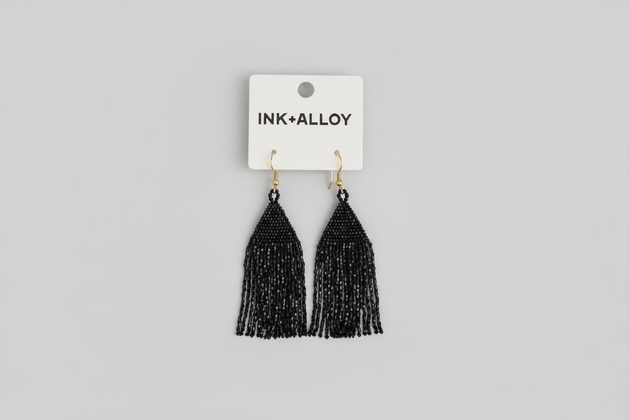 Earrings - Lexie Solid Beaded Fringe Black