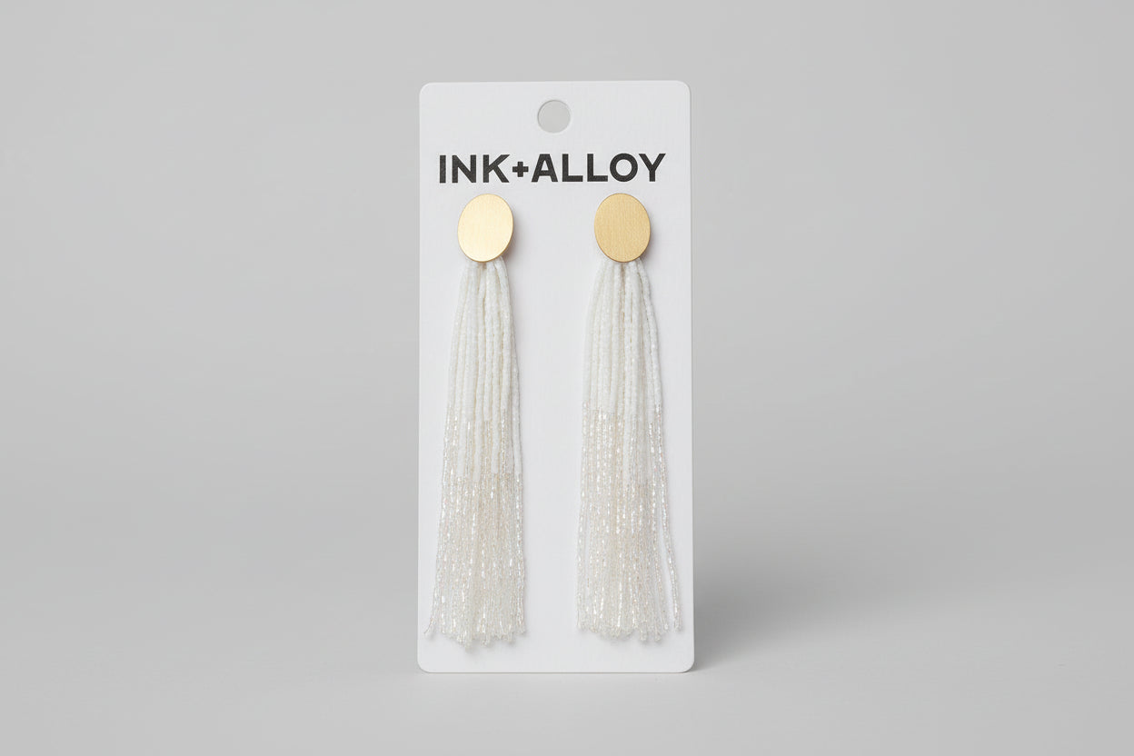 Earrings  - Mae Oval Brass Post Two-Color Beaded Tassel White