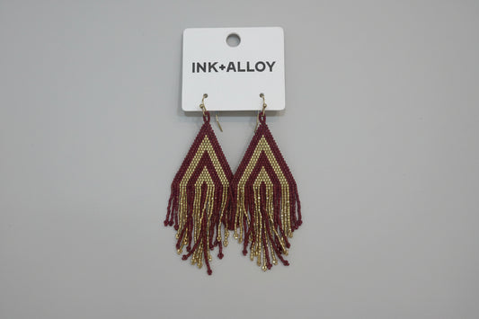 Haley Game Day Stacked Triangle Beaded Fringe Earring Dark Red and Gold
