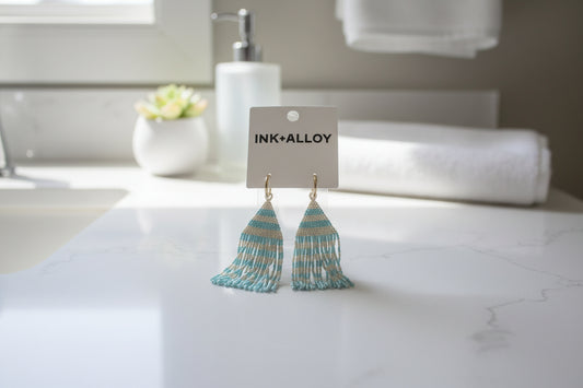 James Mini Gold Hoop Two Tone Stripes Beaded Fringe Earrings Light Blue