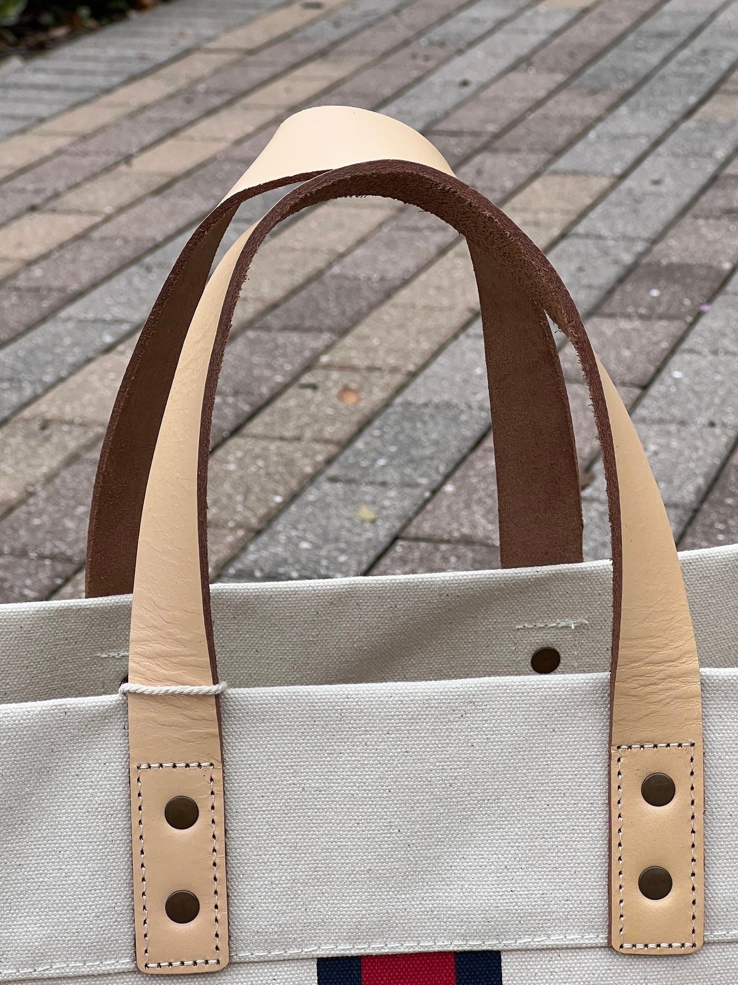 Striped Heavy Canvas Tote Bag with Leather Handles